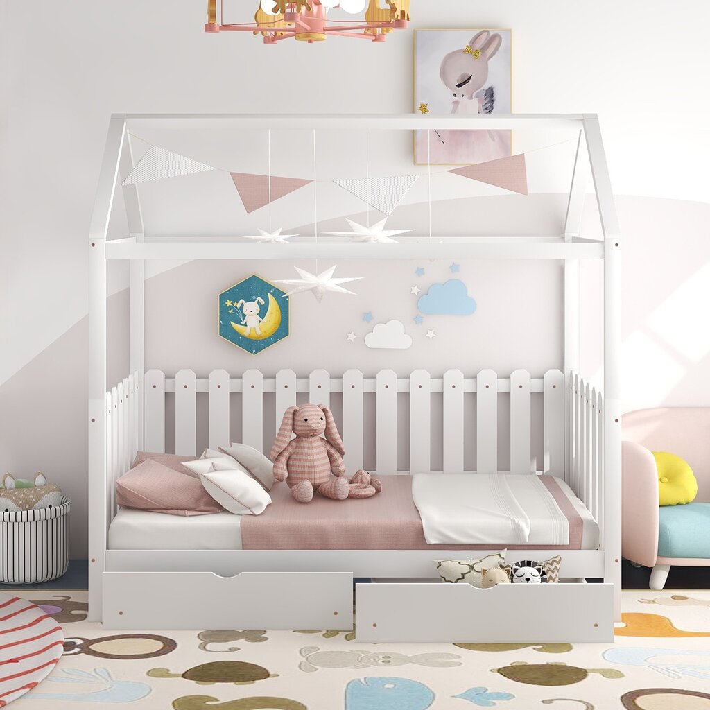 Vaikiška lova namelis SofiHouse R57, 160x70 cm, balta 2 stalčiai kaina ir informacija | Vaikiškos lovos | pigu.lt
