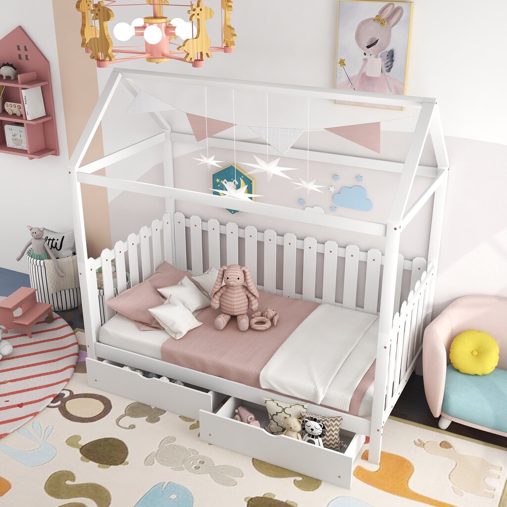 Vaikiška lova namelis SofiHouse R57, 160x80 cm, balta 2 stalčiai kaina ir informacija | Vaikiškos lovos | pigu.lt