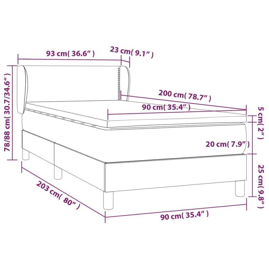 vidaXL Lova su spyruoklėmis ir čiužiniu, pilka, 90x200 cm, audinys kaina ir informacija | Lovos | pigu.lt