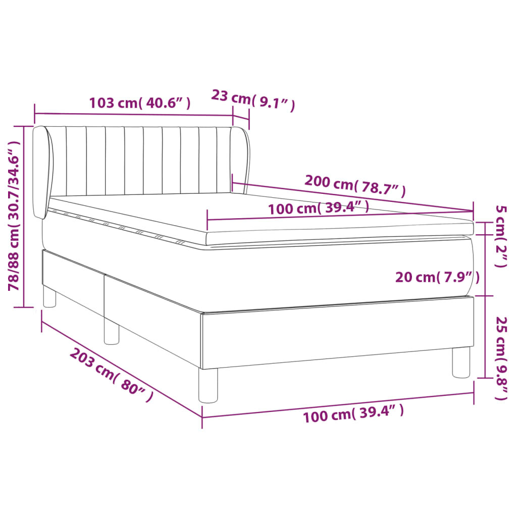 vidaXL Lova su spyruoklėmis ir čiužiniu, pilka, 100x200cm, audinys kaina ir informacija | Lovos | pigu.lt