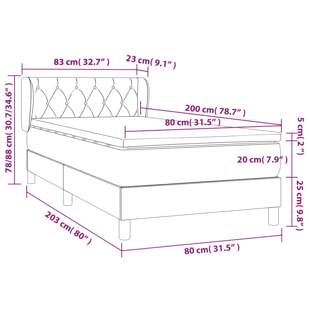 vidaXL Lova su spyruoklėmis ir čiužiniu, juoda, 80x200cm, audinys kaina ir informacija | Lovos | pigu.lt