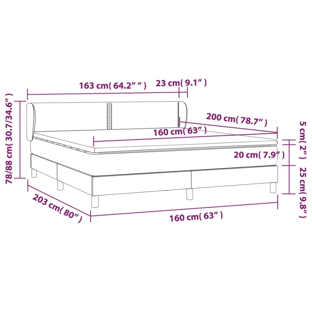 vidaXL Lova su spyruoklėmis ir čiužiniu, pilka, 160x200 cm, aksomas цена и информация | Lovos | pigu.lt