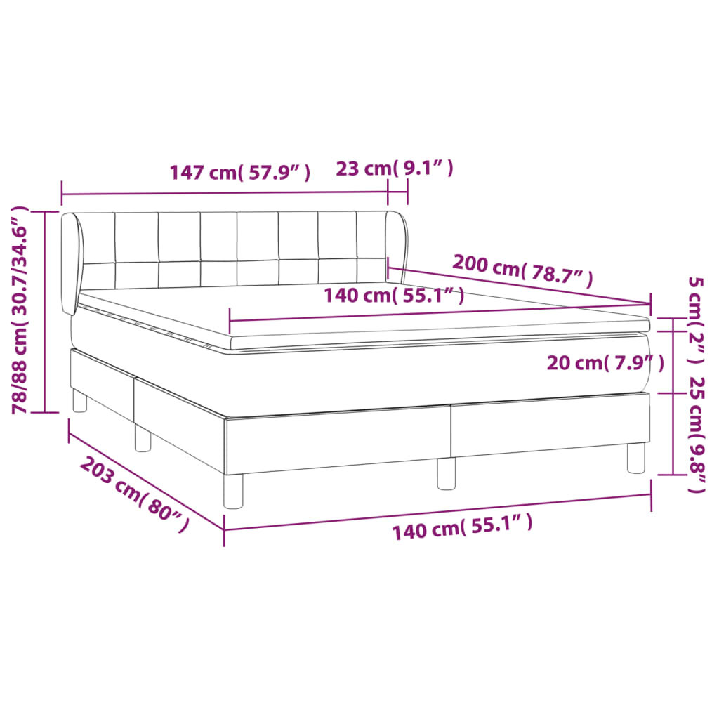 vidaXL Lova su spyruoklėmis ir čiužiniu, pilka, 140x200 cm, aksomas kaina ir informacija | Lovos | pigu.lt