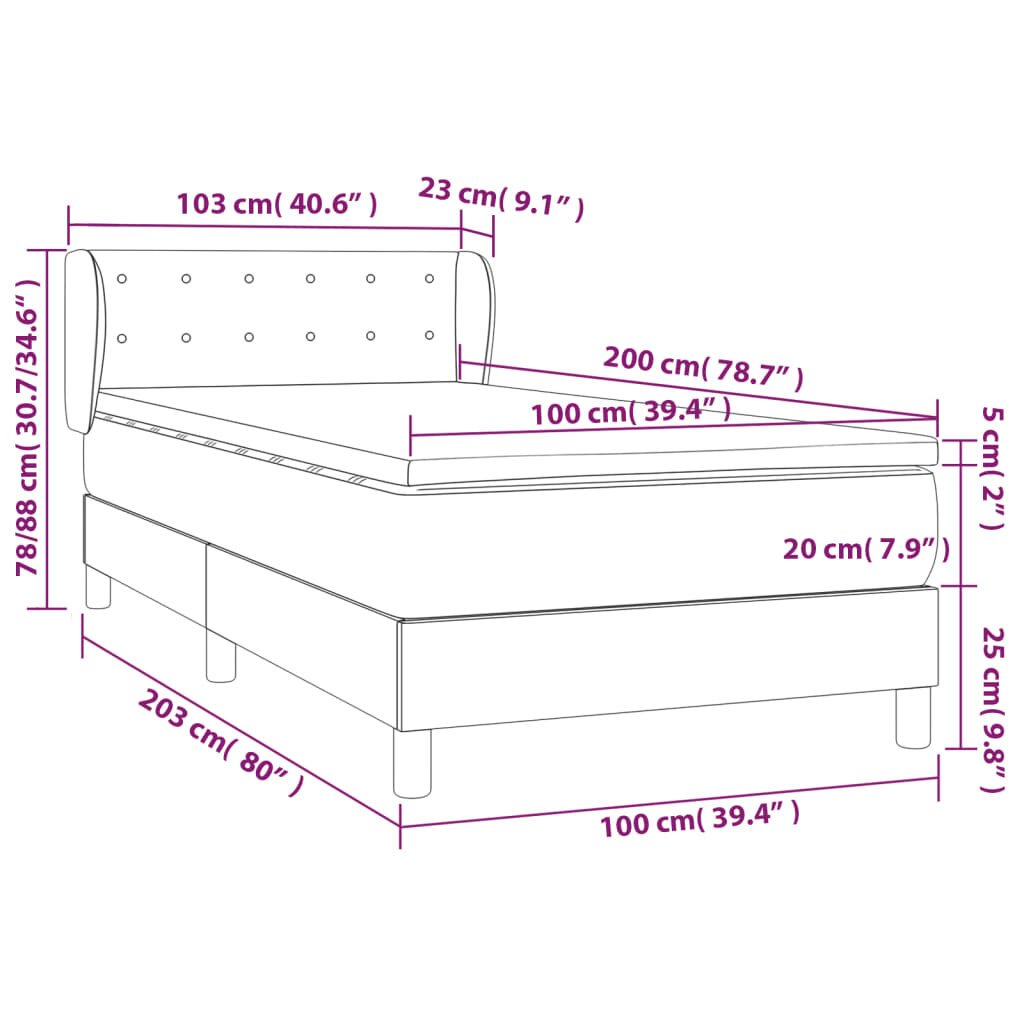 vidaXL Lova su spyruoklėmis ir čiužiniu, rožinė, 100x200 cm, aksomas kaina ir informacija | Lovos | pigu.lt