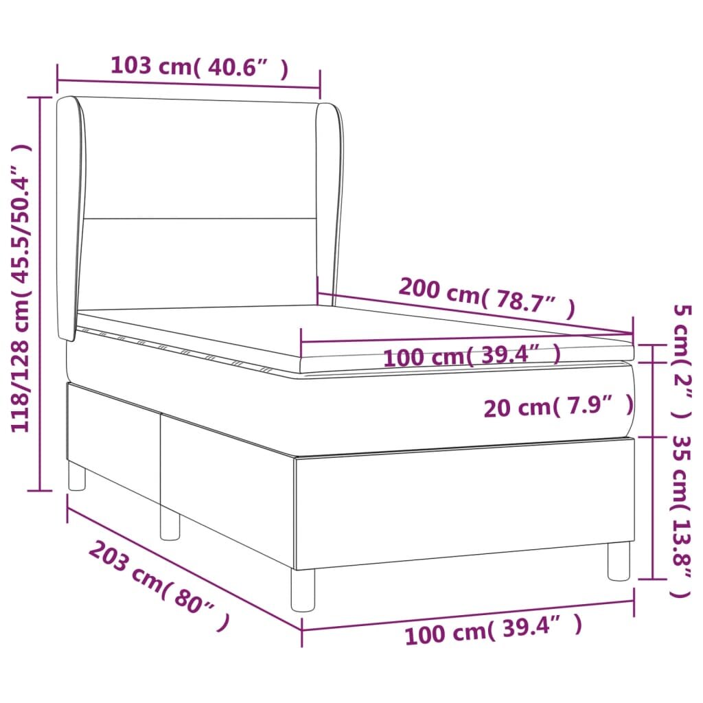 vidaXL Lova su spyruoklėmis ir čiužiniu, pilka,100x200cm, dirbtinė oda kaina ir informacija | Lovos | pigu.lt