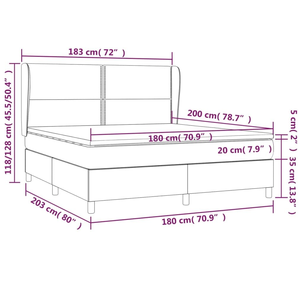 vidaXL Lova su spyruoklėmis ir čiužiniu, pilka, 180x200 cm, aksomas kaina ir informacija | Lovos | pigu.lt
