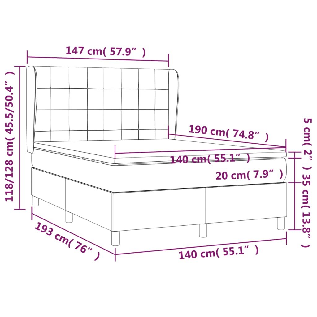 vidaXL Lova su spyruoklėmis ir čiužiniu, pilka, 140x190 cm, aksomas kaina ir informacija | Lovos | pigu.lt