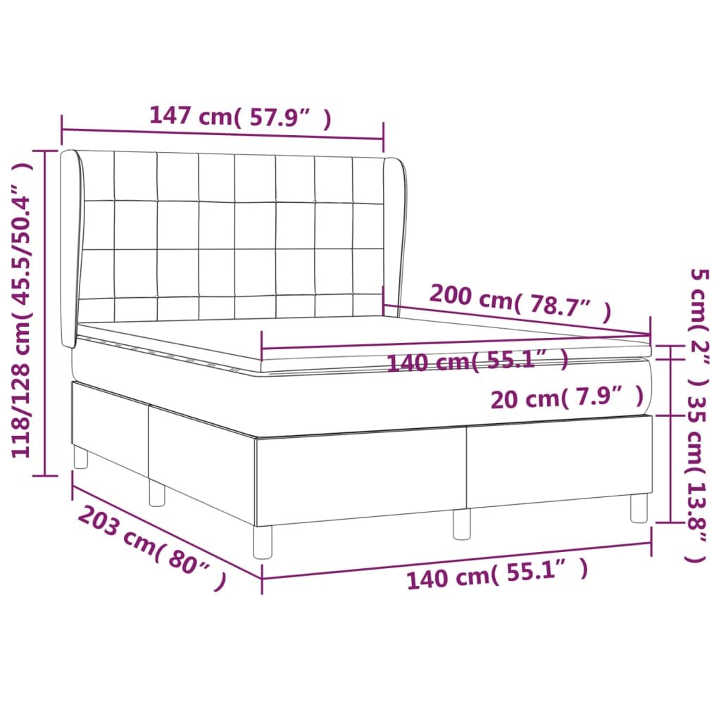 vidaXL Lova su spyruoklėmis ir čiužiniu, pilka, 140x200 cm, aksomas kaina ir informacija | Lovos | pigu.lt