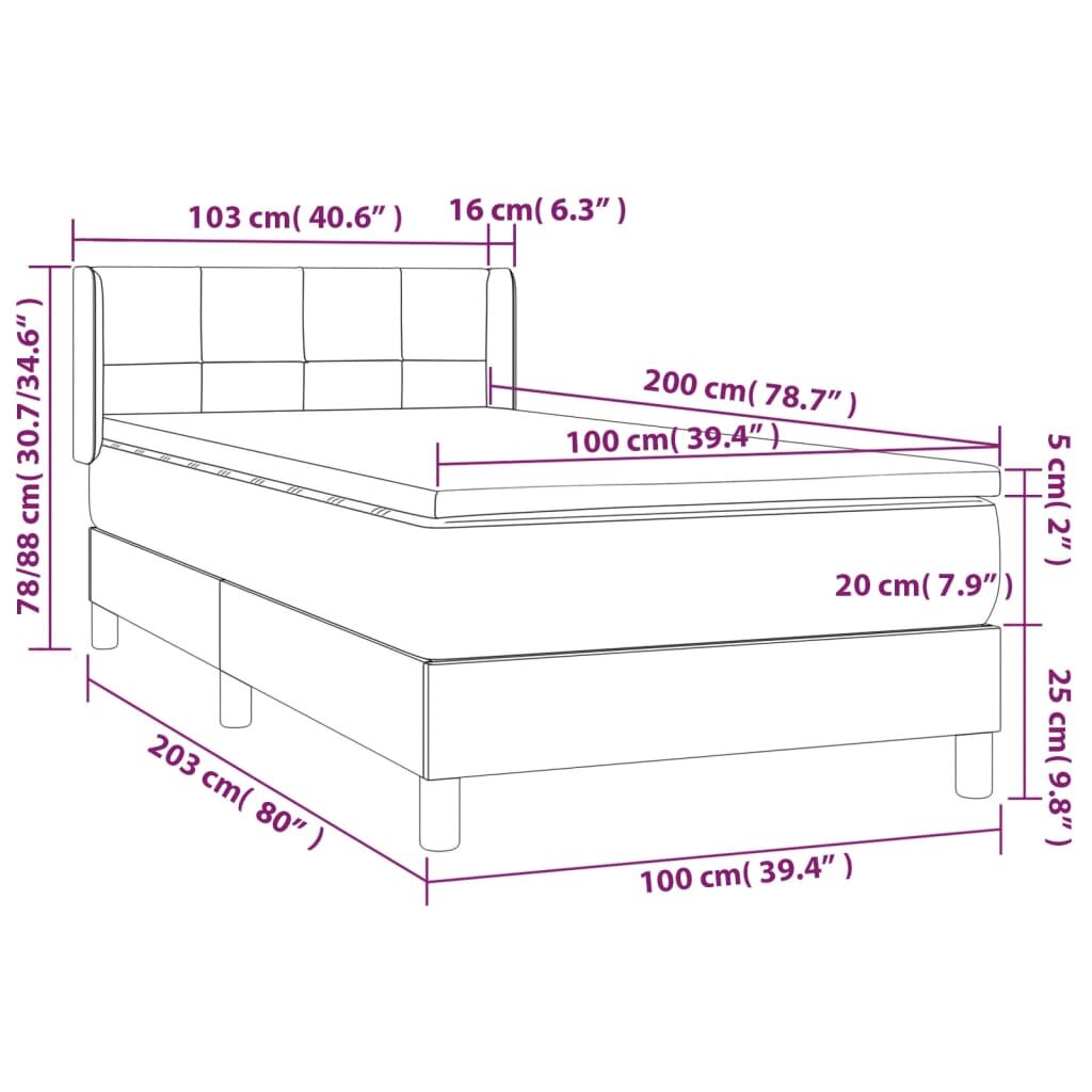 vidaXL Lova su spyruoklėmis ir čiužiniu, pilka, 100x200cm, audinys цена и информация | Lovos | pigu.lt