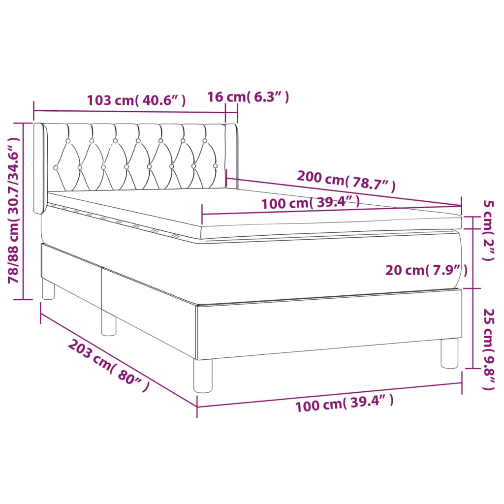 vidaXL Lova su spyruoklėmis ir čiužiniu, pilka, 100x200cm, audinys kaina ir informacija | Lovos | pigu.lt