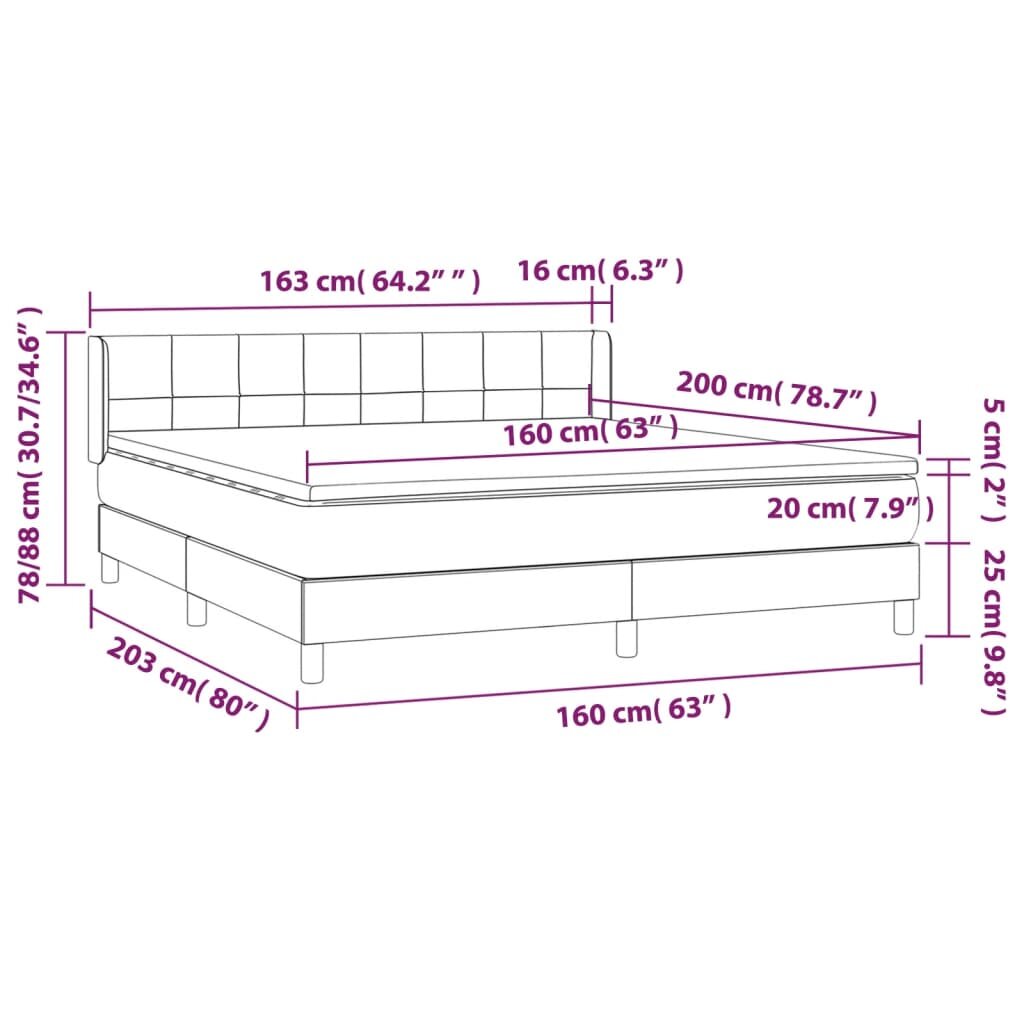 vidaXL Lova su spyruoklėmis ir čiužiniu, pilka, 160x200 cm, aksomas цена и информация | Lovos | pigu.lt