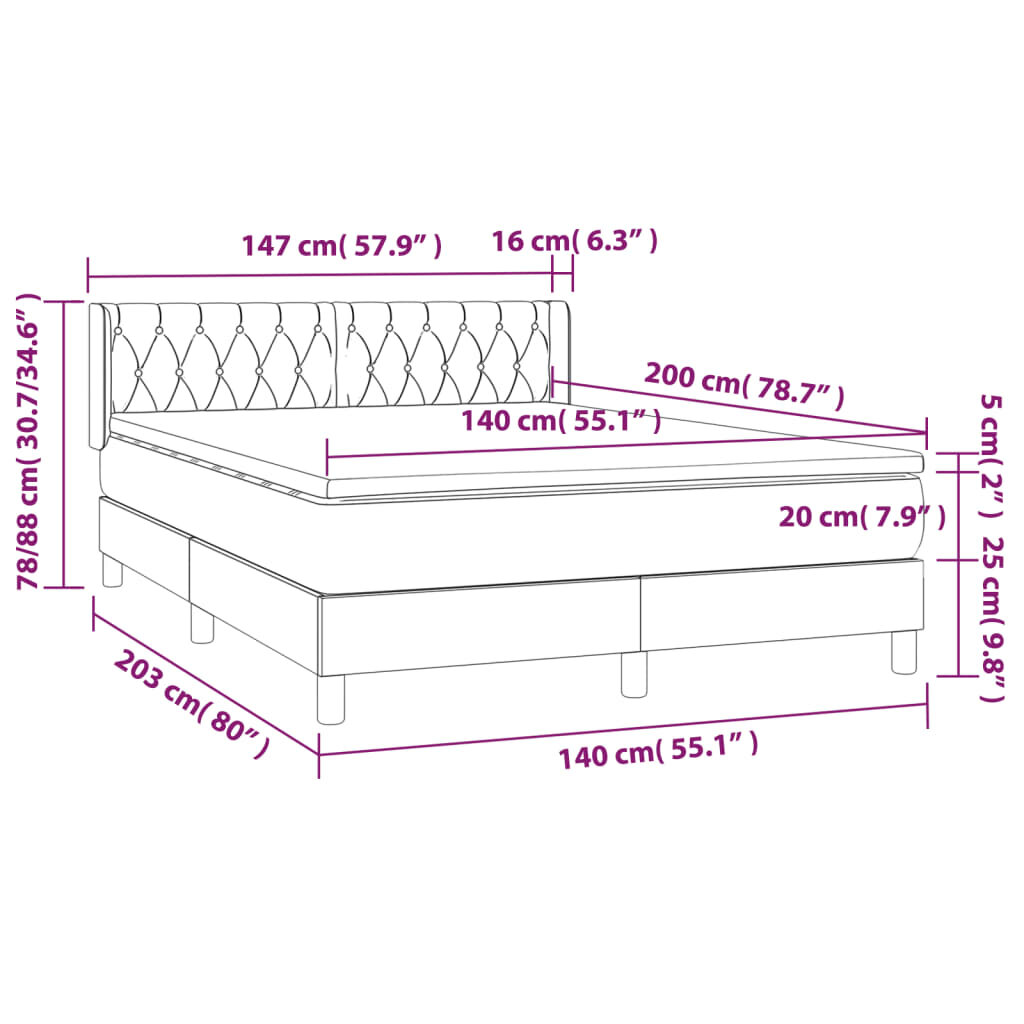 vidaXL Lova su spyruoklėmis ir čiužiniu, pilka, 140x200 cm, aksomas kaina ir informacija | Lovos | pigu.lt