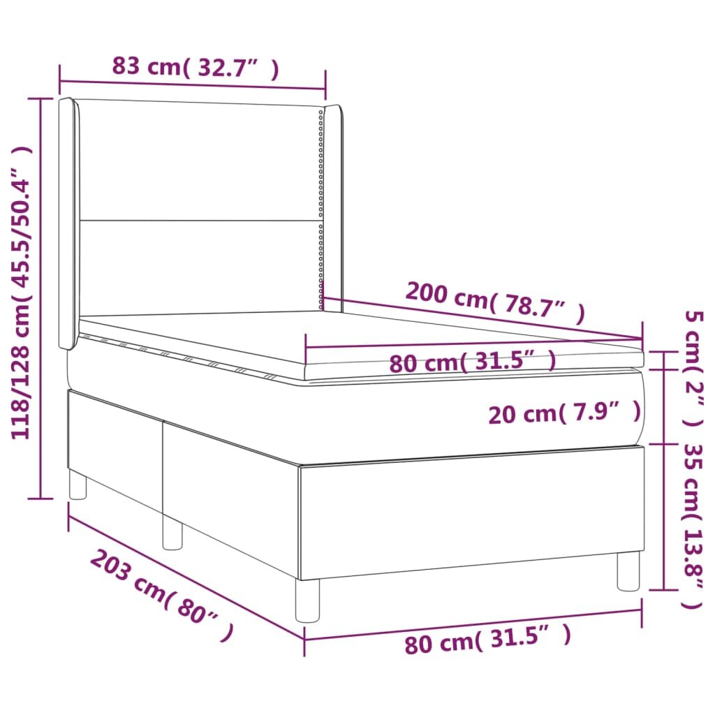 vidaXL Lova su spyruoklėmis ir čiužiniu, pilka, 80x200cm, aksomas цена и информация | Lovos | pigu.lt