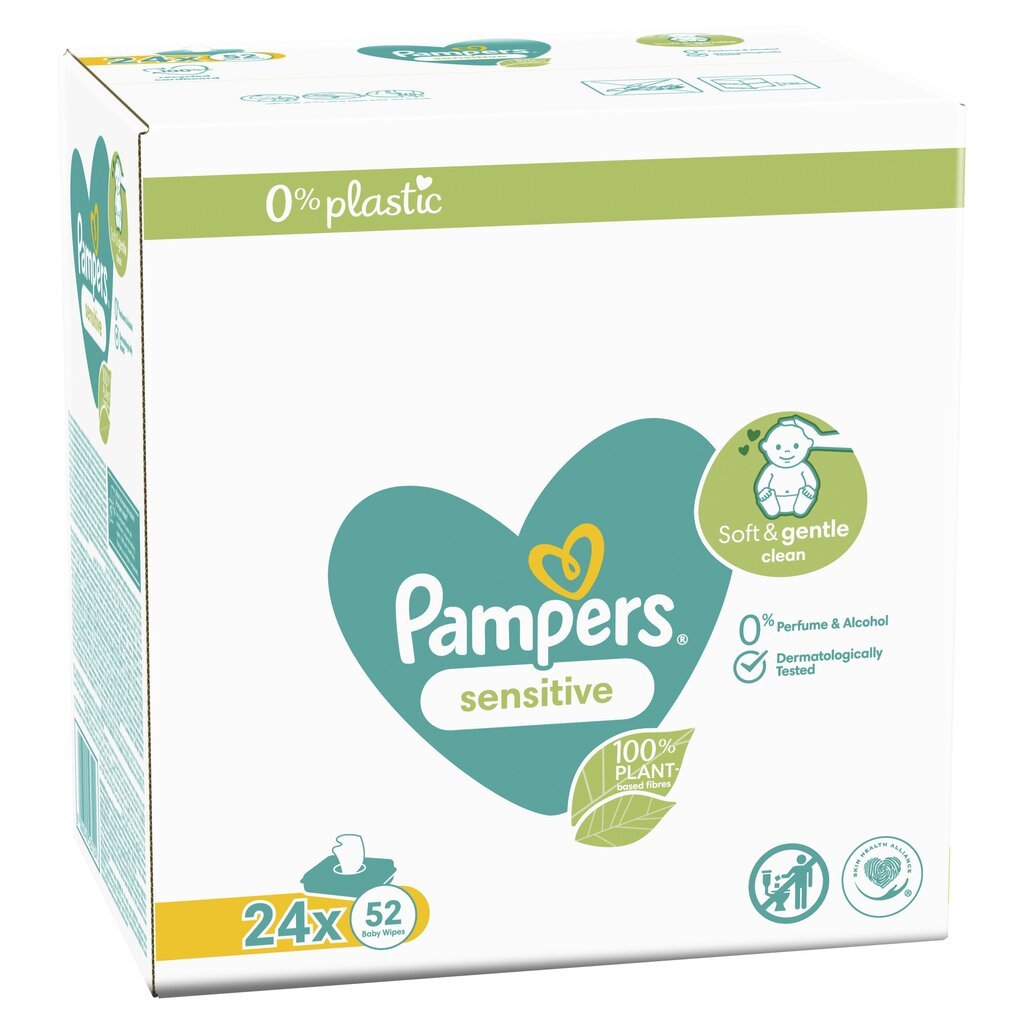 Drėgnos servetėlės Pampers Sensitive Plastic Free, 24 x 52 vnt. kaina ir informacija | Drėgnos servetėlės, paklotai | pigu.lt