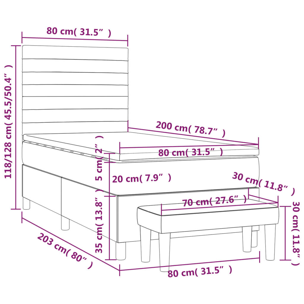 Lova su spyruoklėmis ir čiužiniu vidaXL, Audinys, 80x200cm, pilka kaina ir informacija | Lovos | pigu.lt