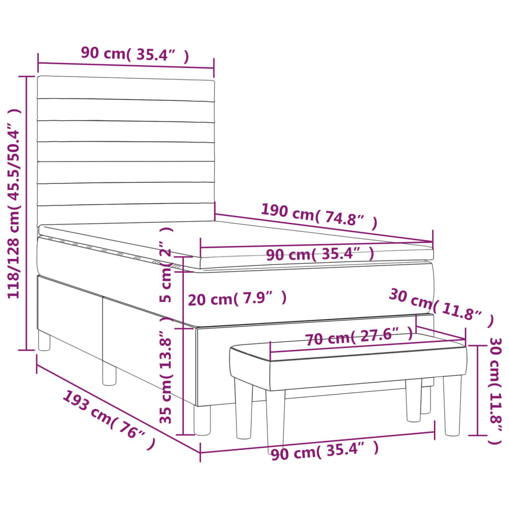 vidaXL Lova su spyruoklėmis ir čiužiniu,tamsiai pilka,90x190cm,audinys kaina ir informacija | Lovos | pigu.lt