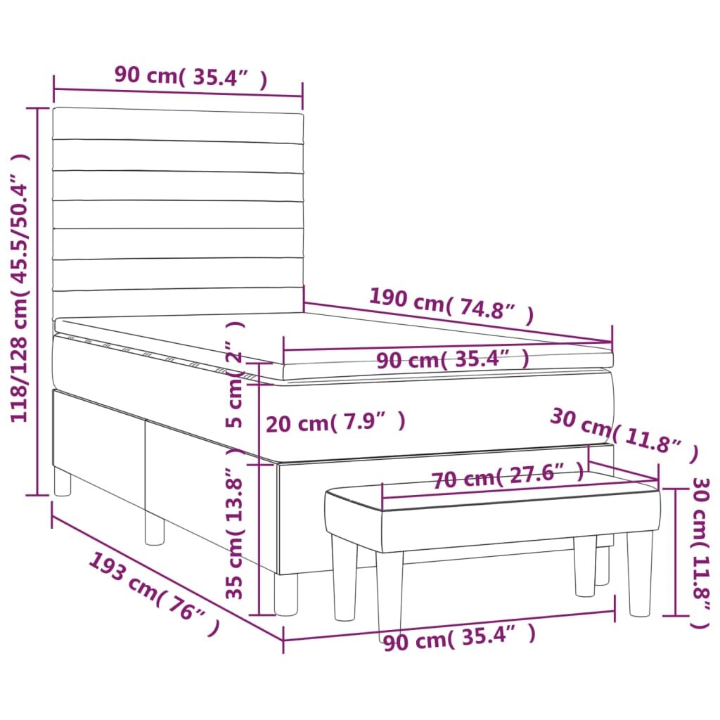 vidaXL Lova su spyruoklėmis ir čiužiniu, mėlyna, 90x190 cm, audinys kaina ir informacija | Lovos | pigu.lt