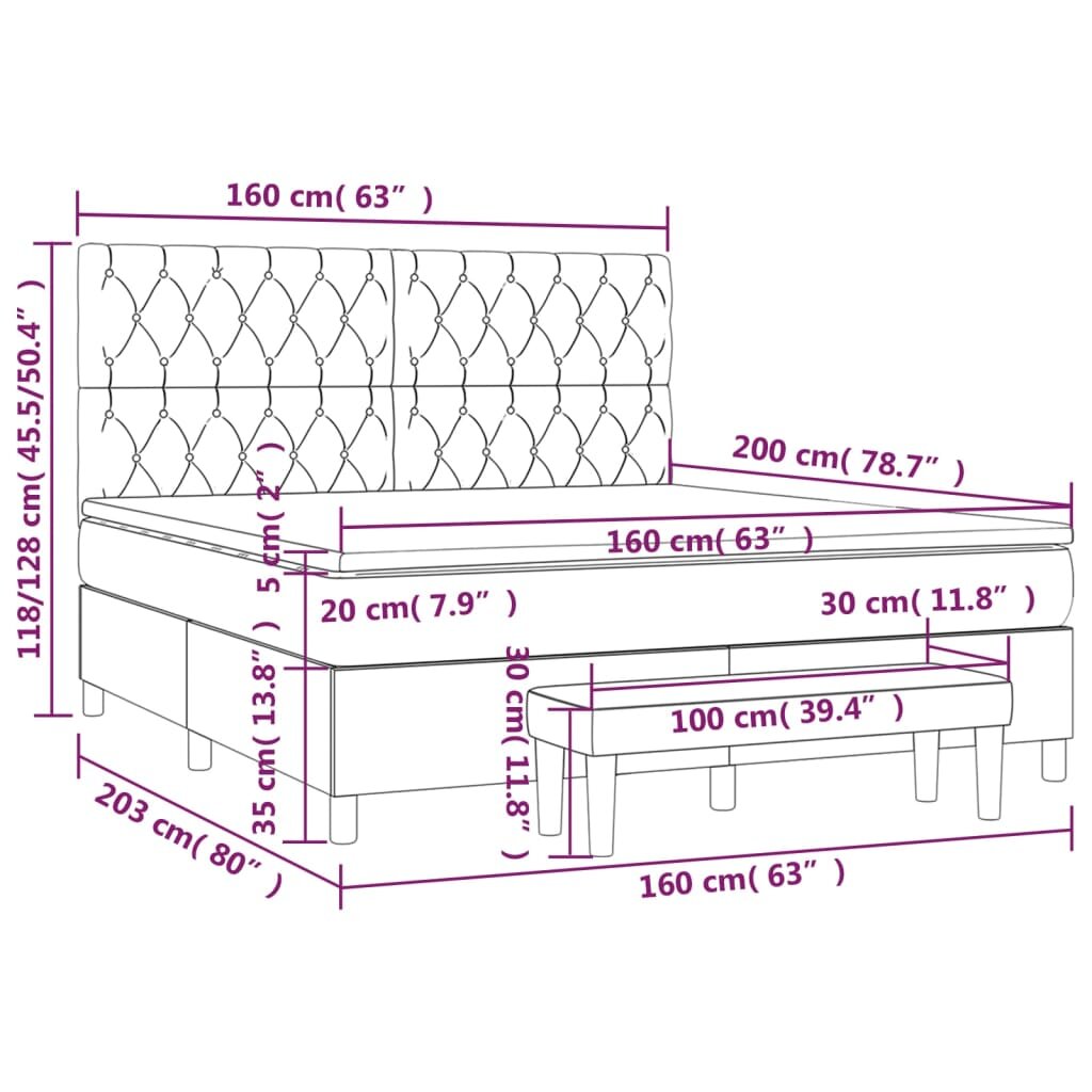 vidaXL Lova su spyruoklėmis ir čiužiniu, pilka, 160x200cm, audinys kaina ir informacija | Lovos | pigu.lt