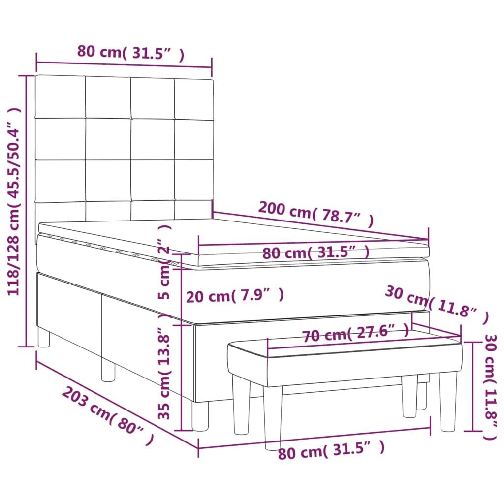 Lova su spyruoklėmis ir čiužiniu vidaXL, Aksomas, 80x200cm, pilka kaina ir informacija | Lovos | pigu.lt