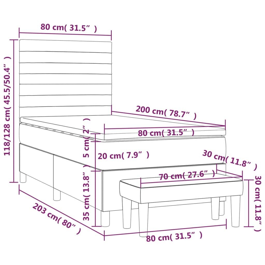 Lova su spyruoklėmis ir čiužiniu vidaXL, Aksomas, 80x200cm, pilka kaina ir informacija | Lovos | pigu.lt