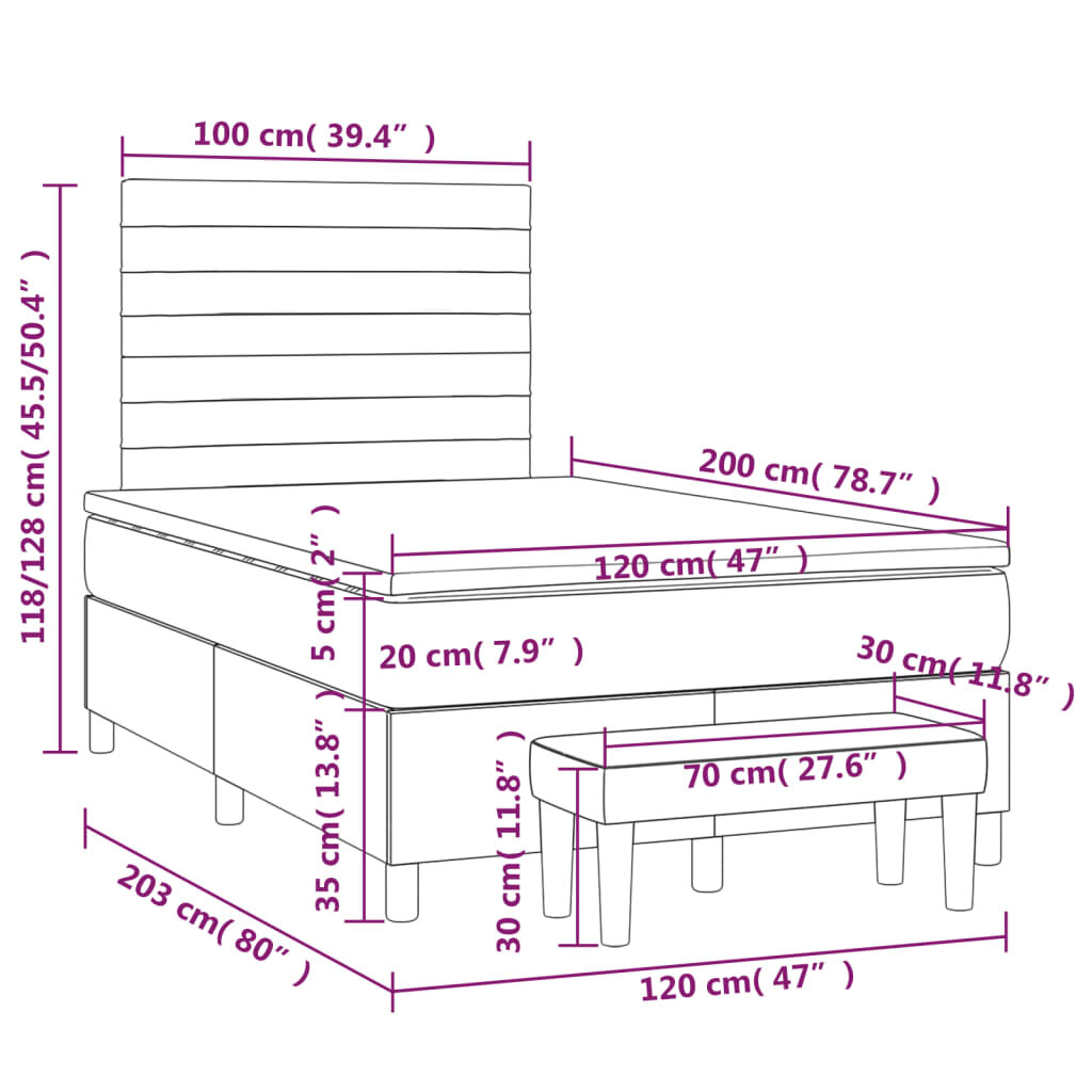 vidaXL Lova su spyruoklėmis ir čiužiniu, pilka, 120x200cm, aksomas kaina ir informacija | Lovos | pigu.lt