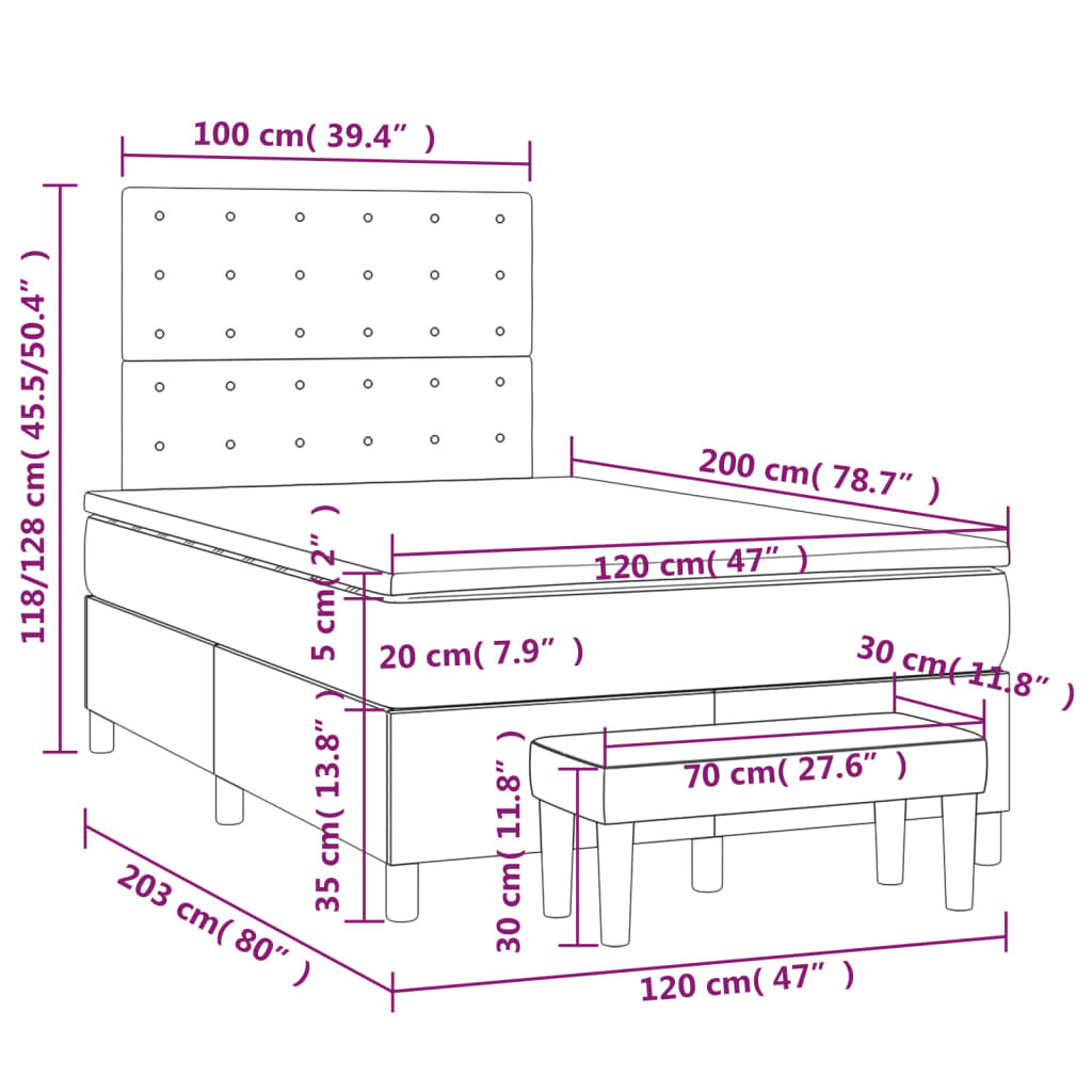 vidaXL Lova su spyruoklėmis ir čiužiniu, pilka, 120x200cm, aksomas kaina ir informacija | Lovos | pigu.lt