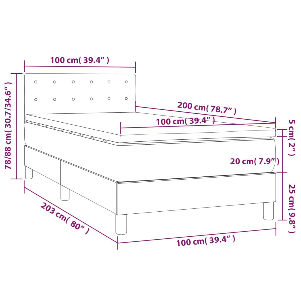 vidaXL Lova su spyruoklėmis ir čiužiniu, pilka, 100x200cm, audinys kaina ir informacija | Lovos | pigu.lt