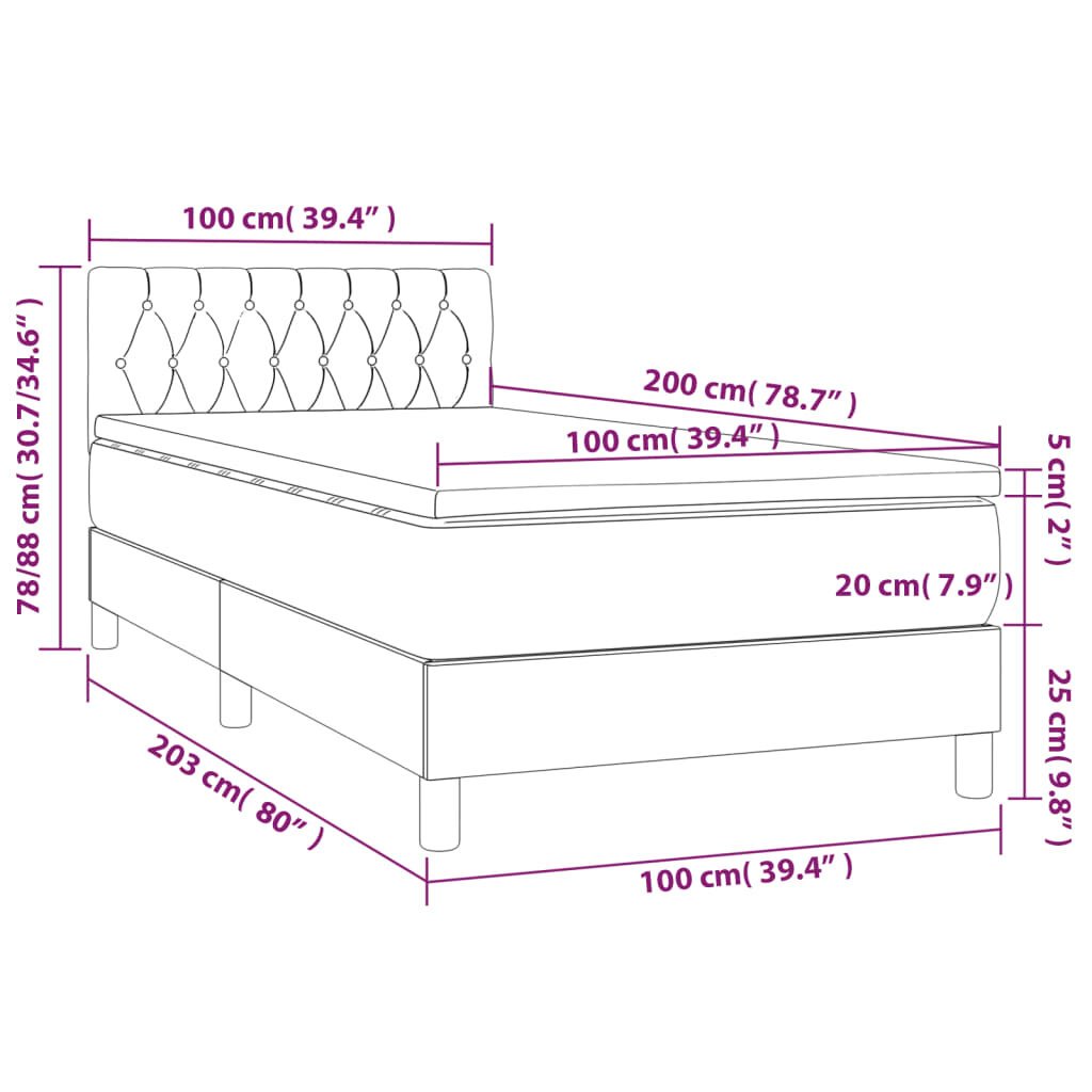 vidaXL Lova su spyruoklėmis ir čiužiniu, pilka, 100x200cm, audinys kaina ir informacija | Lovos | pigu.lt