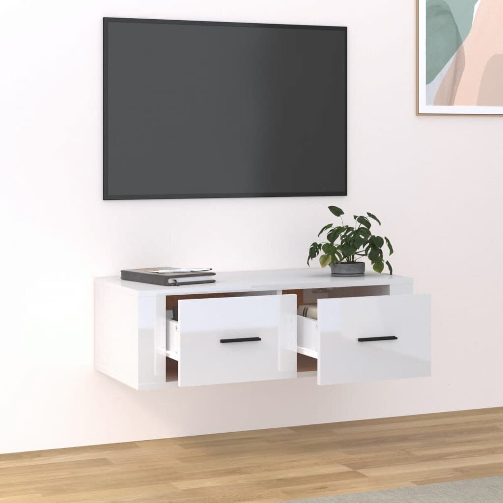 Pakabinama televizoriaus spintelė, Apdirbta mediena, 80x36x25cm, balta blizgi spalva kaina ir informacija | TV staliukai | pigu.lt