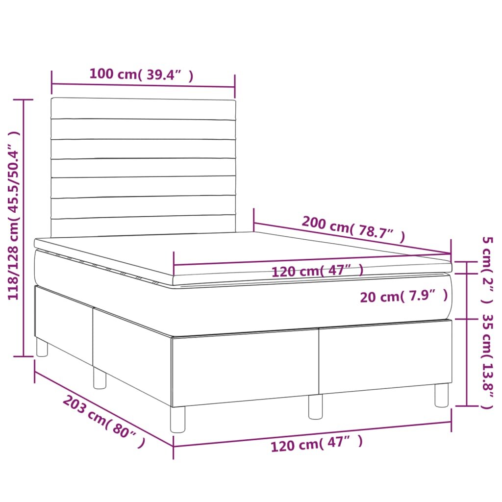 vidaXL Lova su spyruoklėmis ir čiužiniu, tamsiai pilka, 120x200 cm kaina ir informacija | Lovos | pigu.lt