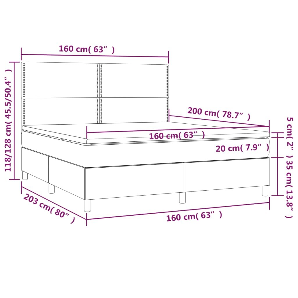 vidaXL Lova su spyruoklėmis ir čiužiniu, pilka, 160x200 cm, aksomas kaina ir informacija | Lovos | pigu.lt