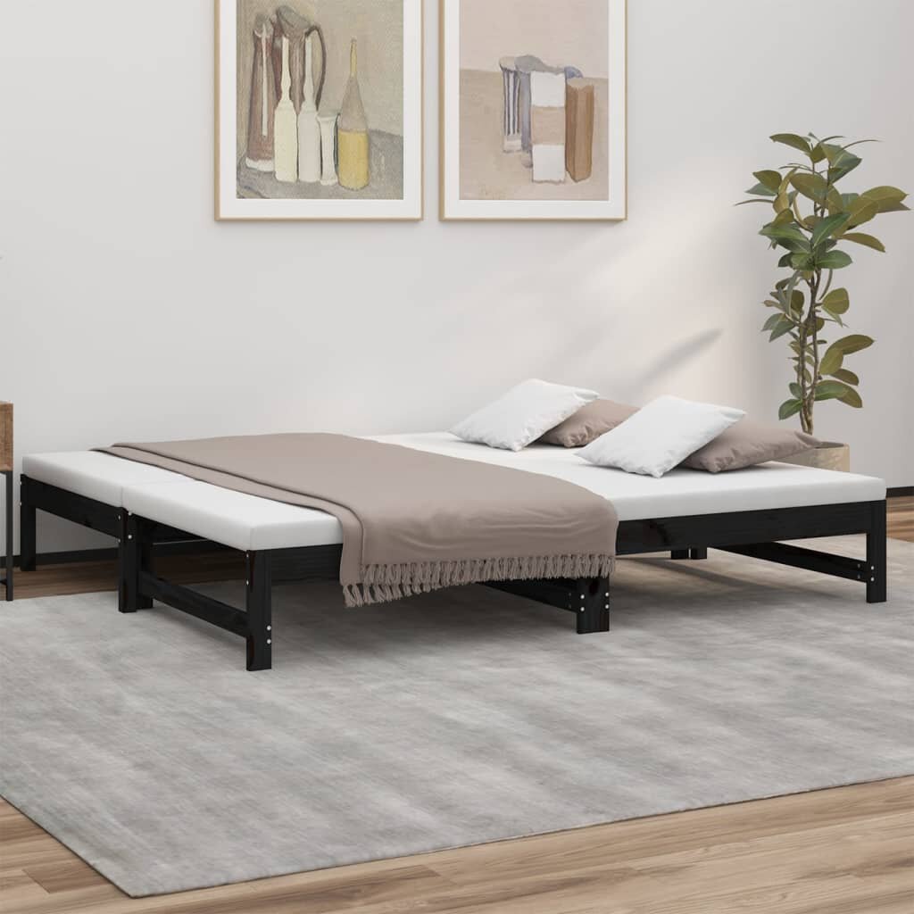 Ištraukiama lova, juoda, 2x(90x190)cm, pušies medienos masyvas kaina ir informacija | Lovos | pigu.lt