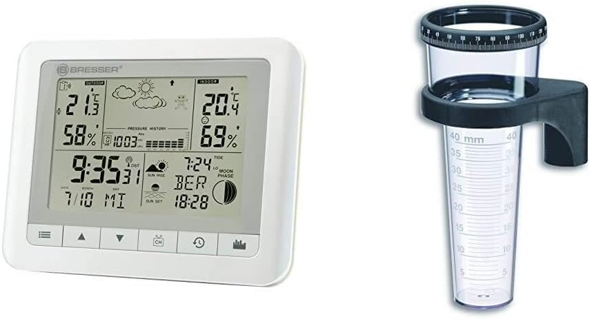 „Bresser“ radijo orų stotis „TemeoTrend WF“ su vidaus/lauko temperatūra ir drėgme, 6 valandų orų prognozė, mėnulio fazės, balta ir TFA Dostmann 471001 lietaus peilis, juodas kaina ir informacija | Meteorologinės stotelės, termometrai | pigu.lt