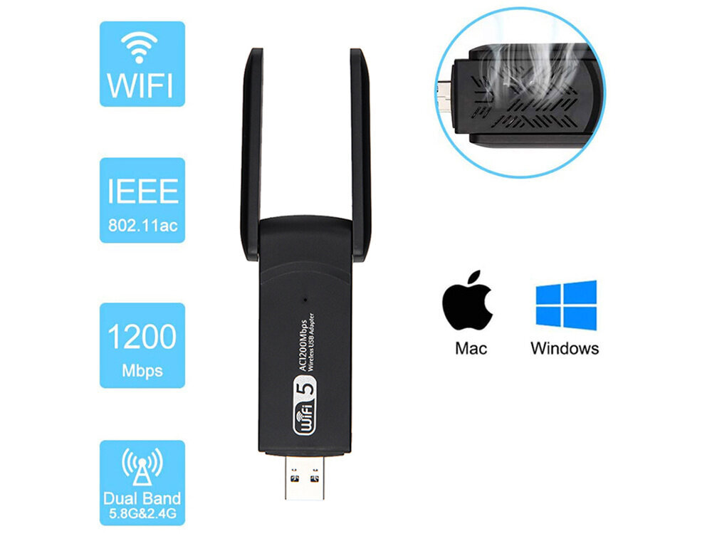 USB Wi-Fi adapteris 1200MBps dviguba wifi tinklo plokštė kaina ir informacija | Adapteriai, USB šakotuvai | pigu.lt