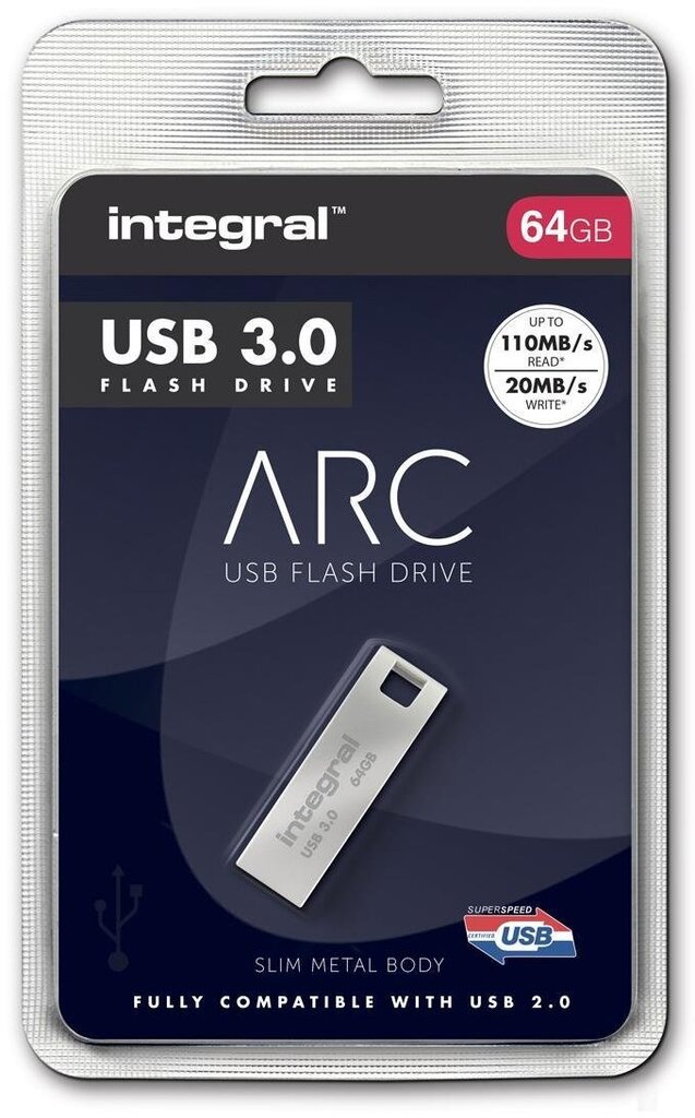 Flashdrive Integral ARC 64GB metal USB 3.0 Read:Write (110/20 MB/s) kaina ir informacija | USB laikmenos | pigu.lt