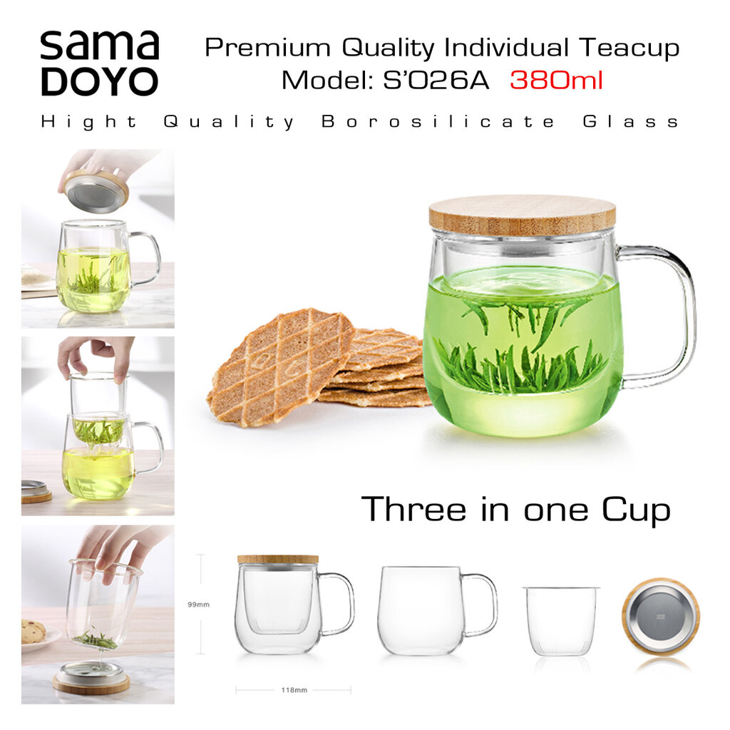 SAMADOYO Premium arbatos puodelis su stikliniu filtru 3in1, S026A, Premium Quality Teacup 3in1, 380 ml. kaina ir informacija | Taurės, puodeliai, ąsočiai | pigu.lt