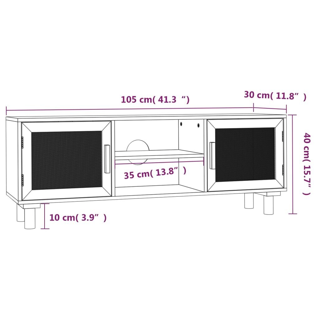 Televizoriaus spintelė vidaXL, Pušis/Ratanas, 105x30x40cm, balta kaina ir informacija | TV staliukai | pigu.lt