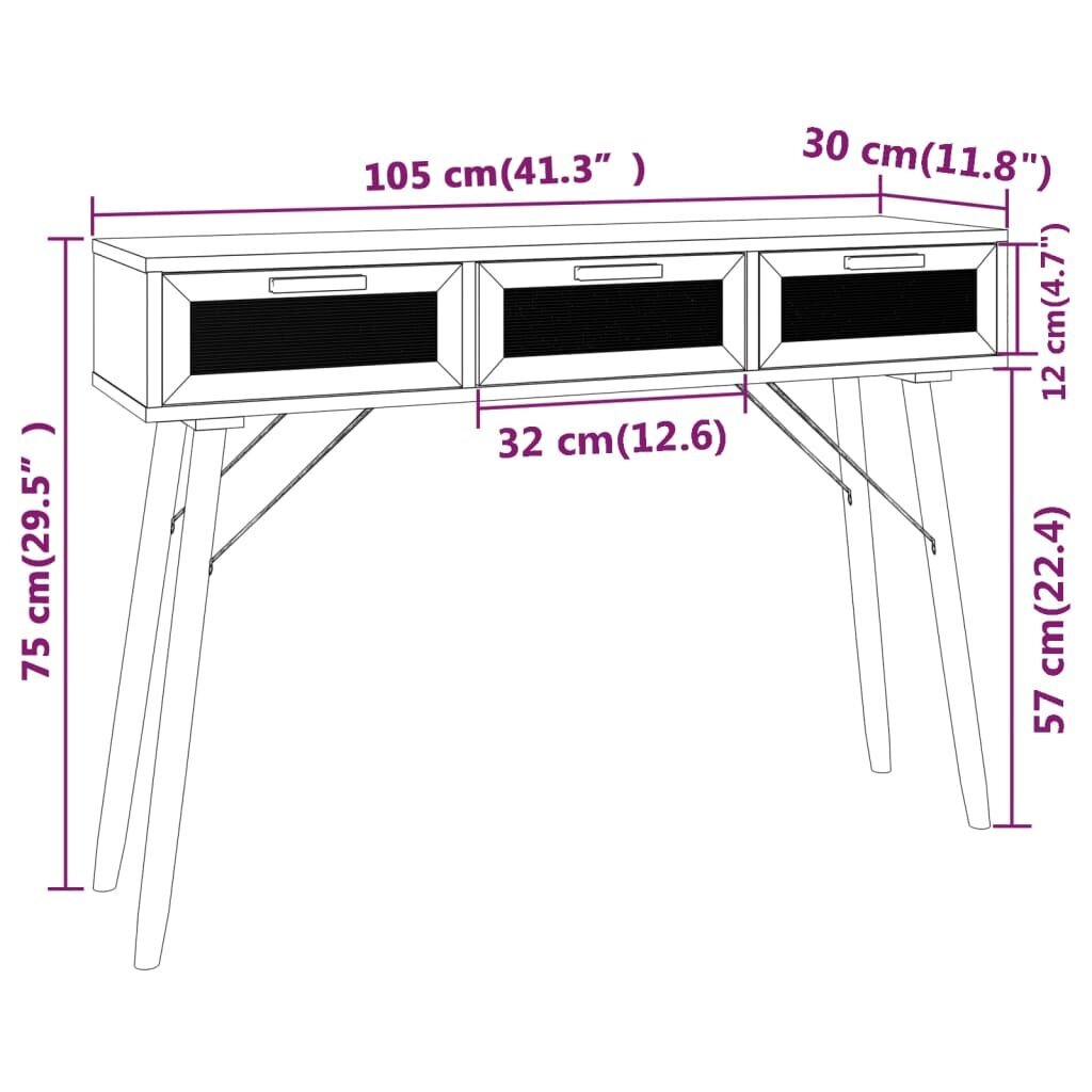 Konsolinis staliukas vidaXL, Pušis/ratanas, 105x30x75cm, ruda kaina ir informacija | Stalai-konsolės | pigu.lt