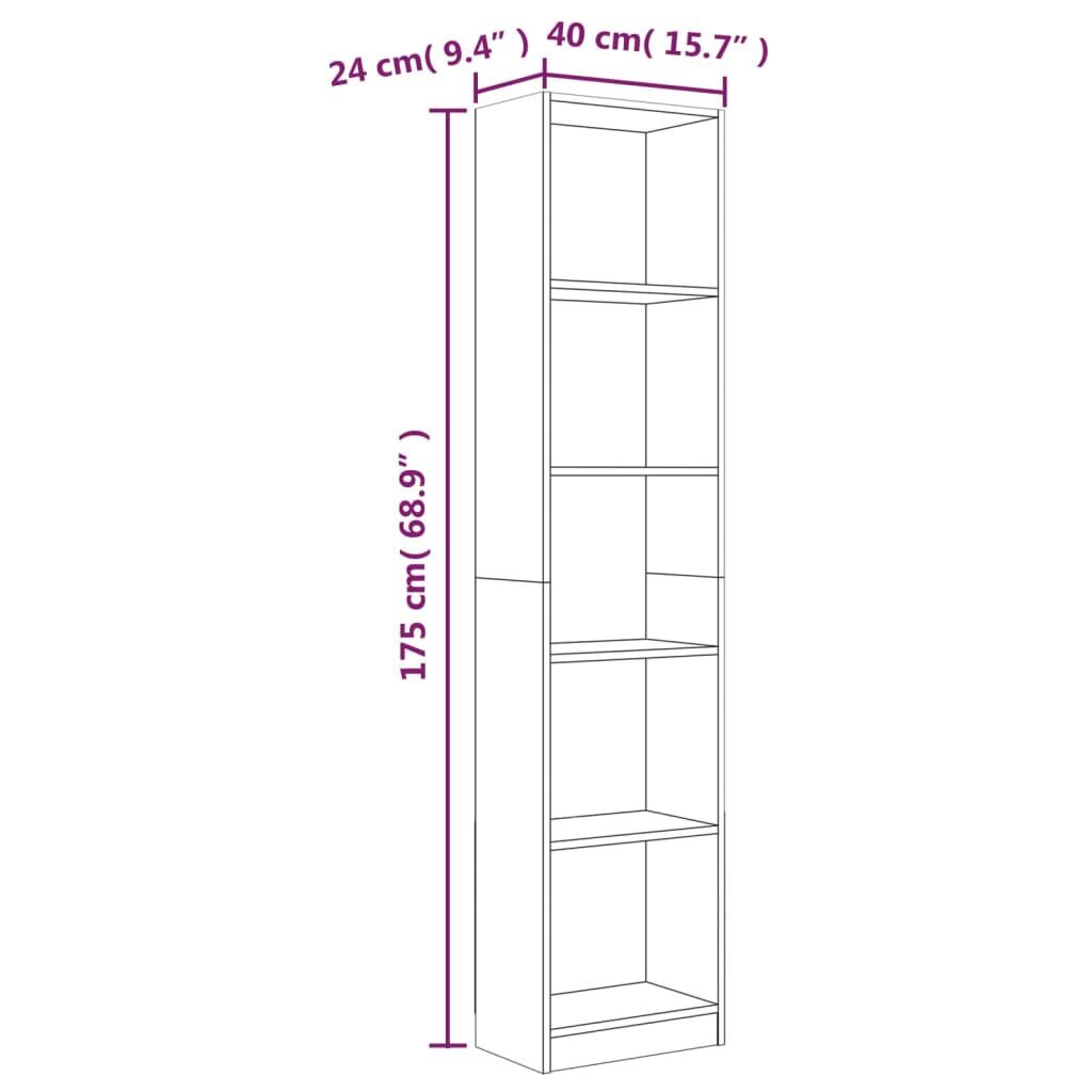 Spintelė knygoms vidaXL, Mediena, 5 aukštų, 40x24x175cm, pilka ąžuolo spalva kaina ir informacija | Lentynos | pigu.lt