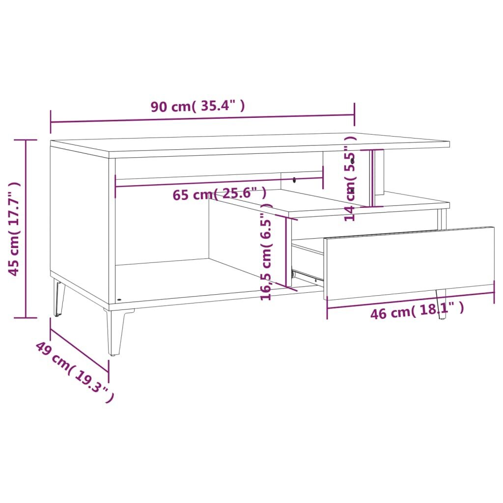 Kavos staliukas vidaXL, Apdirbta mediena, 90x49x45cm, pilka ąžuolo spalva kaina ir informacija | Kavos staliukai | pigu.lt