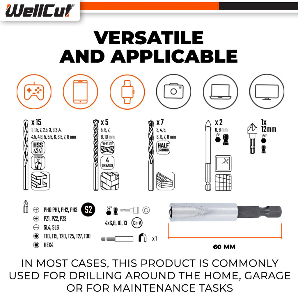 Grąžtų ir sukimo antgalių rinkinys 51 vnt. UK BRAND, WellCut® WC-DB51U kaina ir informacija | Mechaniniai įrankiai | pigu.lt