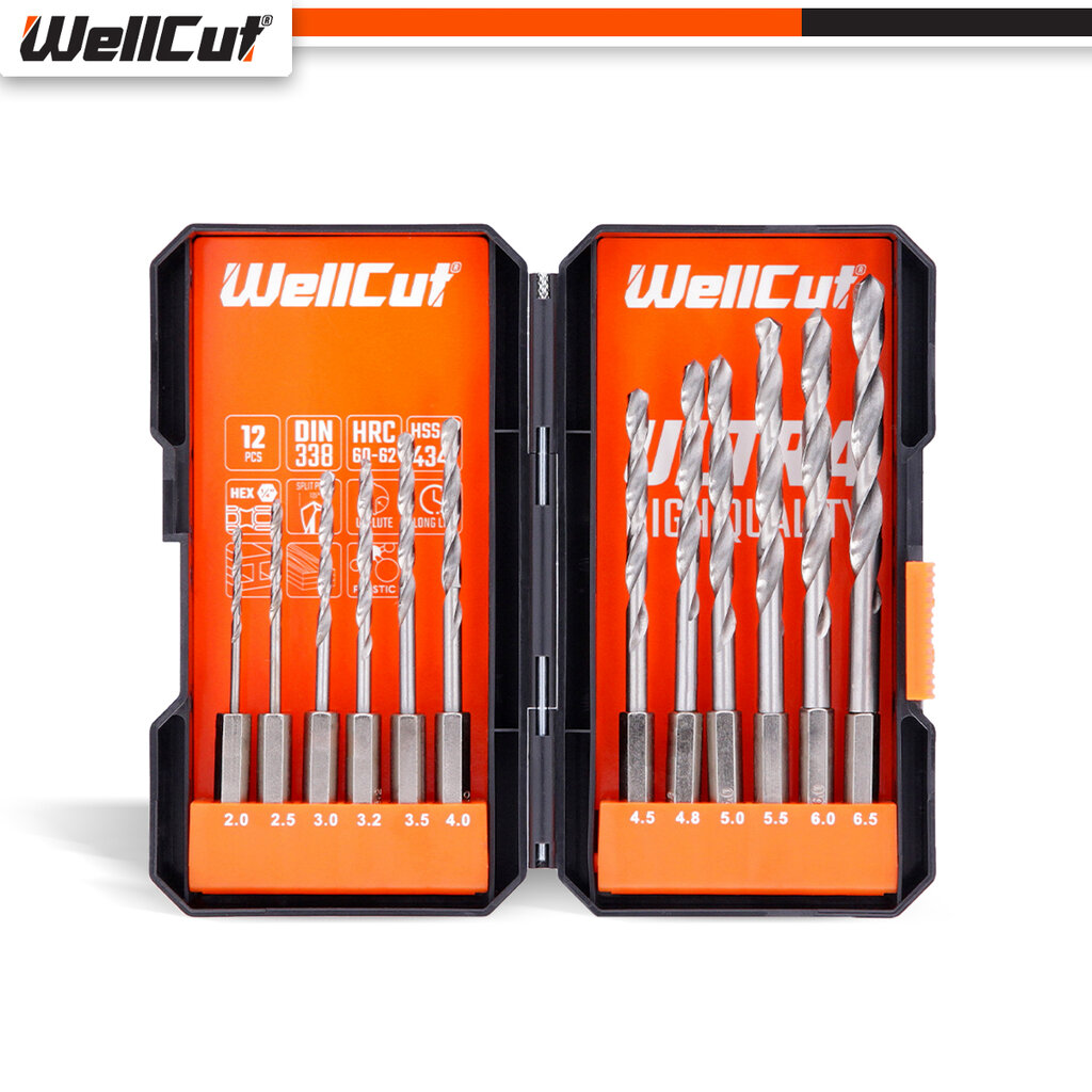 HSS Grąžtas metalui 2mm-6.5mm. 12 vnt. UK BRAND, WellCut® WC-HSS12HU kaina ir informacija | Mechaniniai įrankiai | pigu.lt