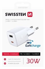 Swissten GaN Mini зарядное устройство USB-C / USB / PD 30W цена и информация | Зарядные устройства для телефонов | pigu.lt