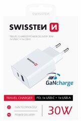 Swissten GaN Charger зарядное устройство PD 30W USB-C / USB цена и информация | Зарядные устройства для телефонов | pigu.lt