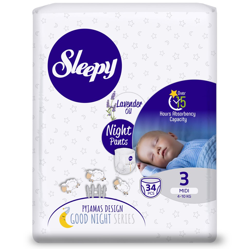 Sauskelnės-kelnaitės su levandų aliejumi Sleepy, Night, 3 midi, 4-10 kg., 34 vnt. цена и информация | Sauskelnės | pigu.lt