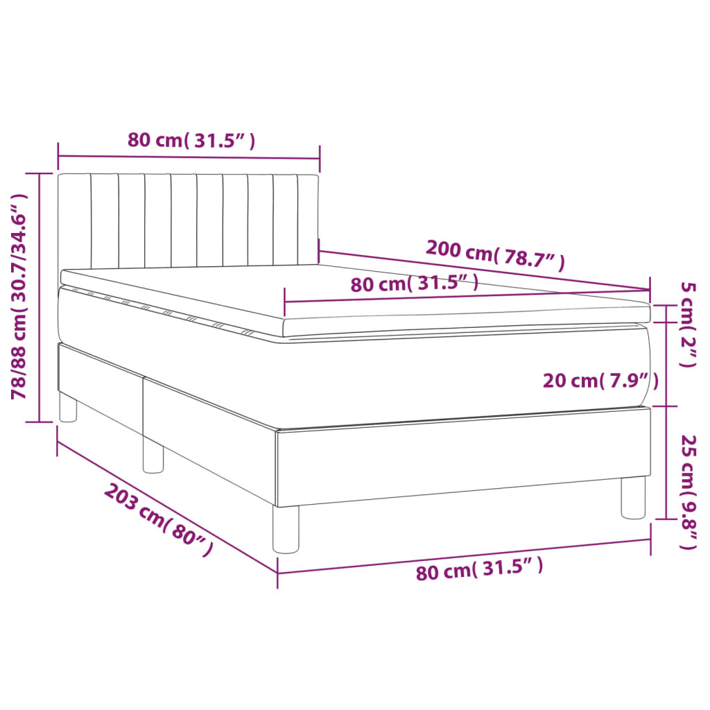 vidaXL Lova su spyruoklėmis/čiužiniu/LED, pilka, 80x200cm, audinys kaina ir informacija | Lovos | pigu.lt