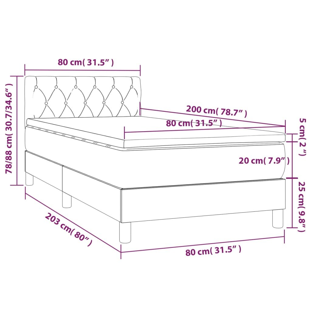 vidaXL Lova su spyruoklėmis/čiužiniu/LED, pilka, 80x200cm, audinys kaina ir informacija | Lovos | pigu.lt