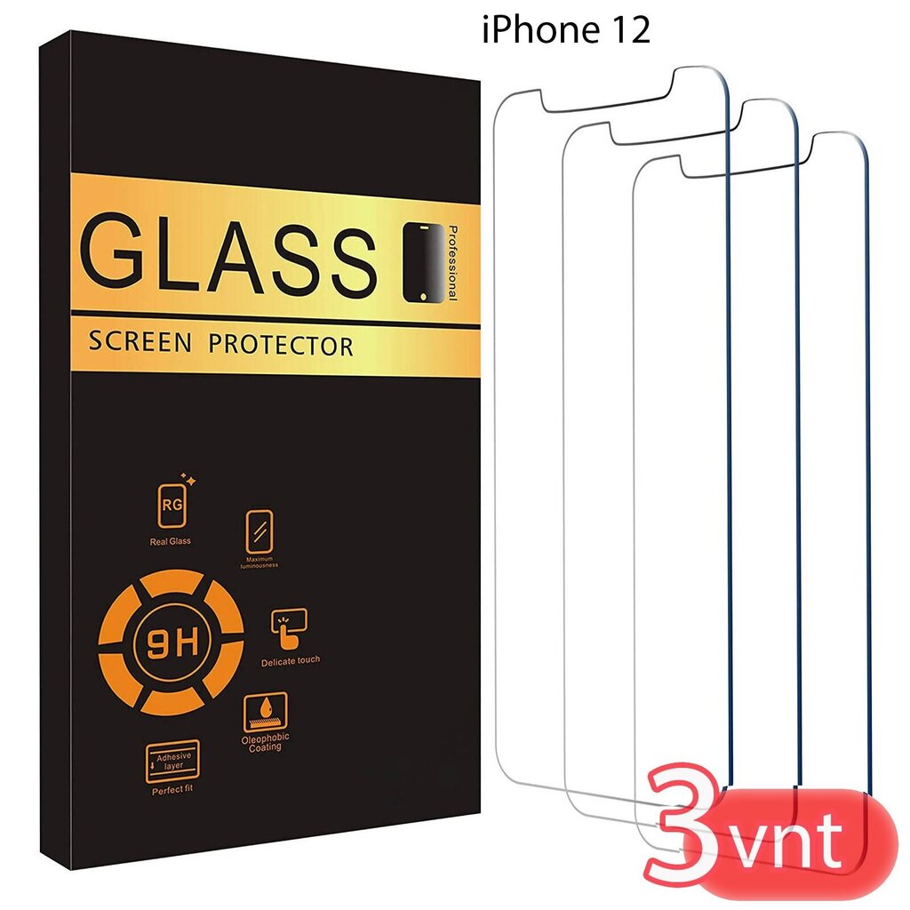 Grūdinto stiklo ekrano apsauga iPhone 12 (3 vnt.) kaina ir informacija | Apsauginės plėvelės telefonams | pigu.lt