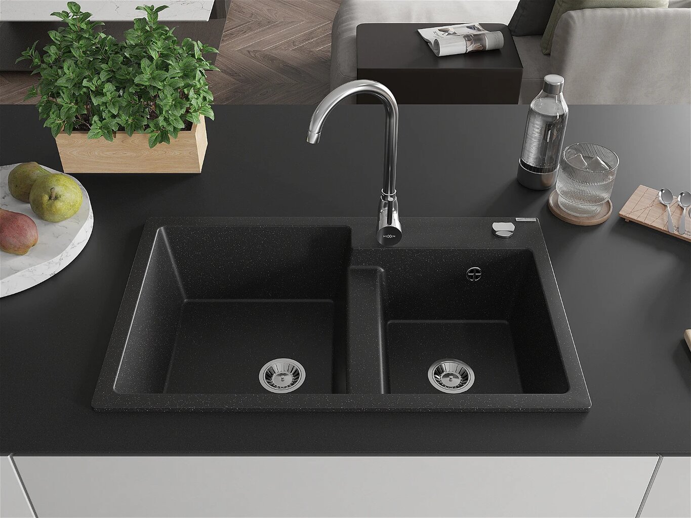 Granitinė virtuvinė plautuvė Mexen Tomas su sifonu, Metallic black/silver kaina ir informacija | Virtuvinės plautuvės | pigu.lt