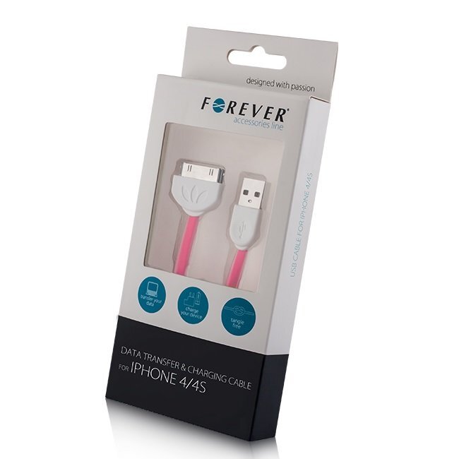 Forever Flat Silicone USB - iPhone 4, 4S, Rožinė цена и информация | Laidai telefonams | pigu.lt